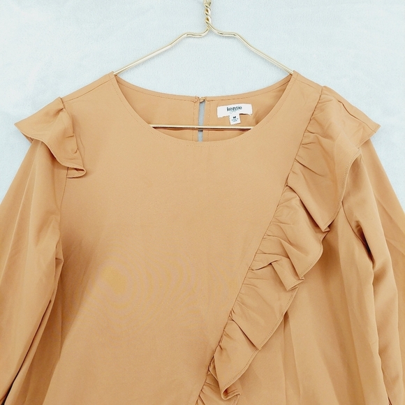 Kensie Jeans Women's Mustard Ruffles Round Neck Long Sleeve Blouse P4810 - Picture 3 of 8